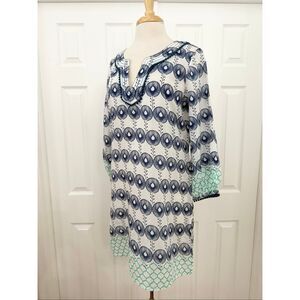 Nimo Blue White Pom Pom Embroidered Cotton Silk Dress Size Large